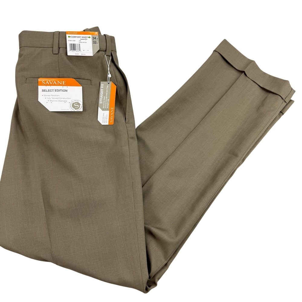 Savane Pants Mens 34x32 Brown Straight Comfort Waist Wrinkle Resistant NEW $68